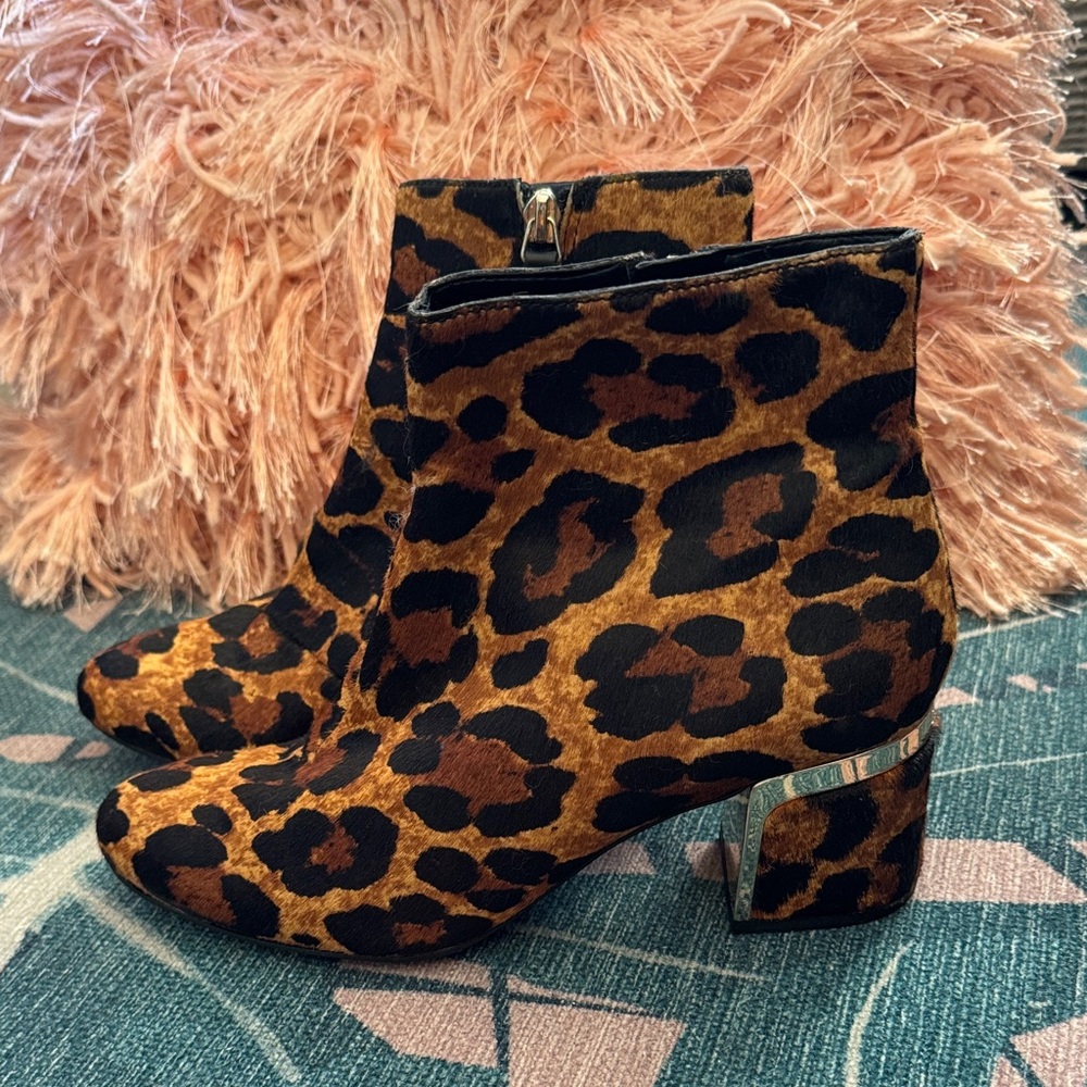 LIKE NEW DKNY Leopard Print Ankle Boots with Silver Accents